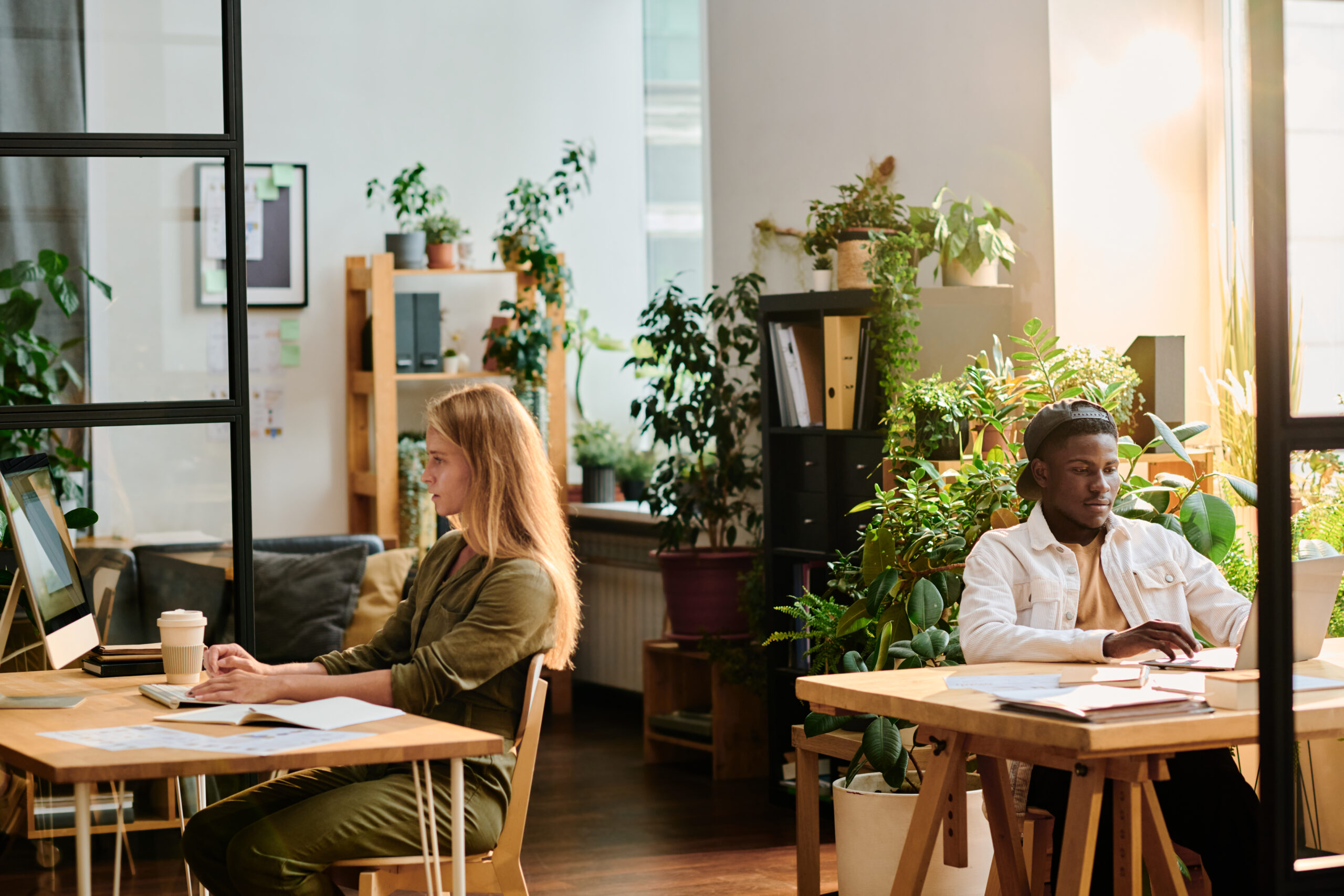 Two young office employees working in small office together