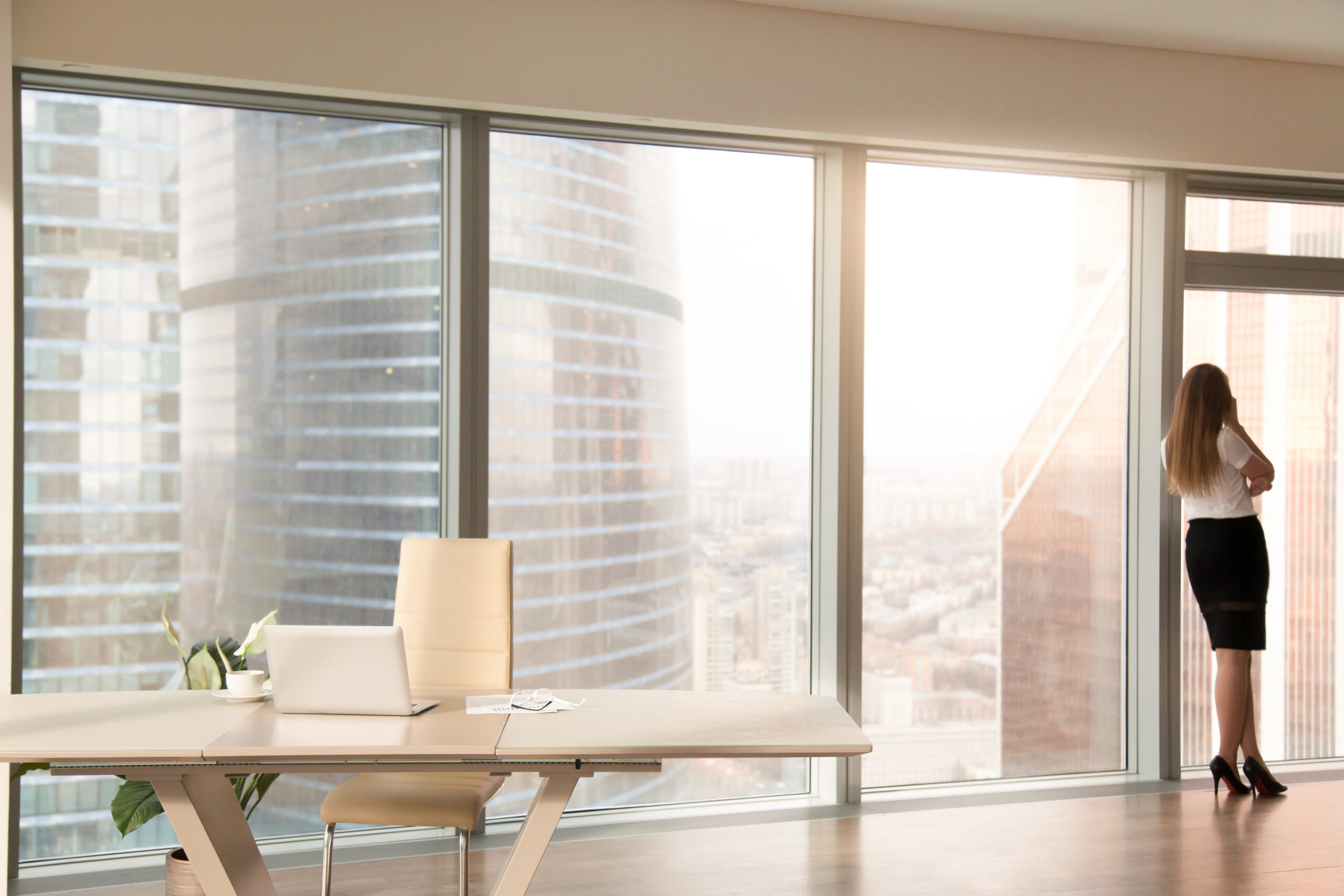 Modern office interior with female silhouette standing at office space window