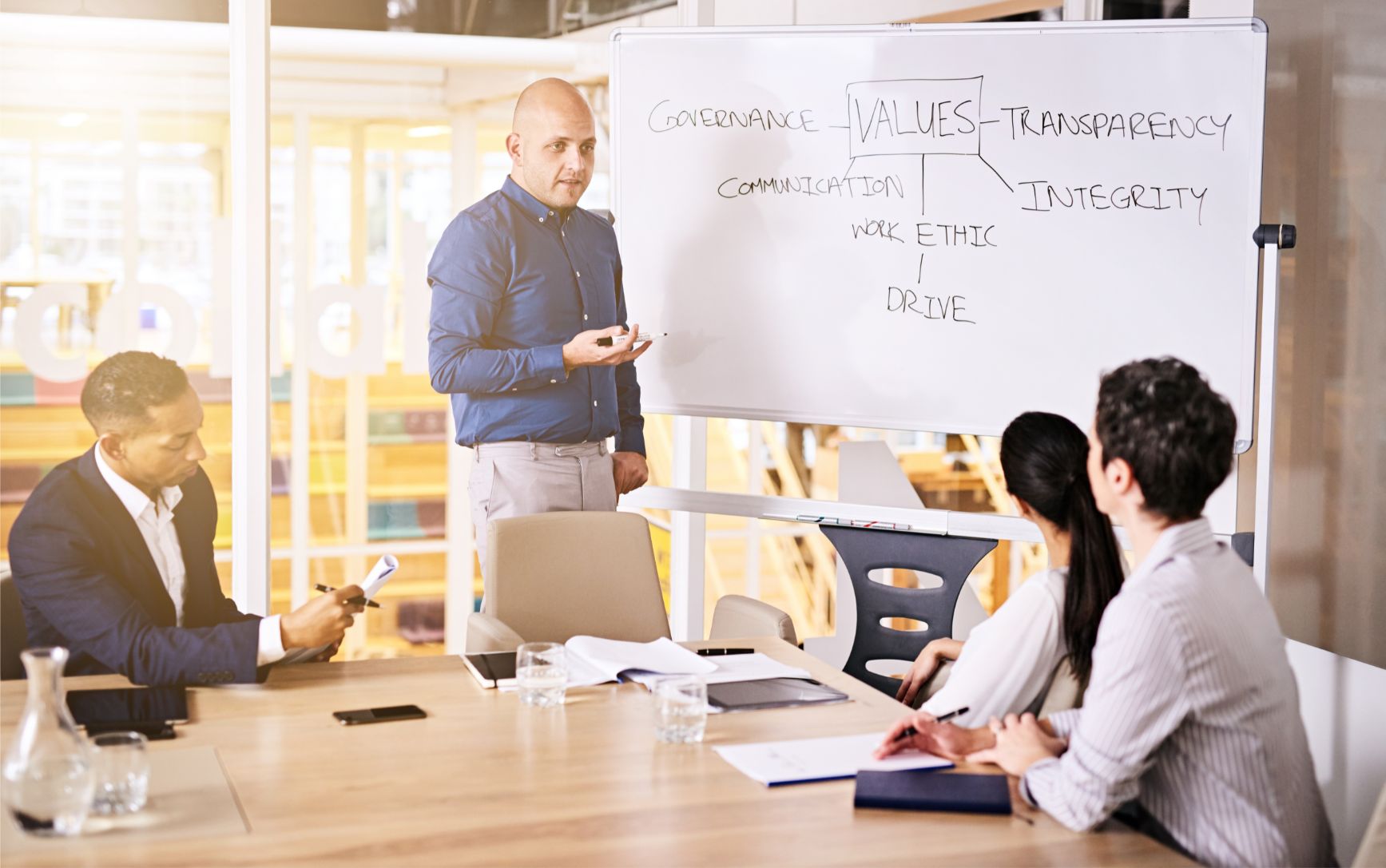 Company values demonstrated on white board