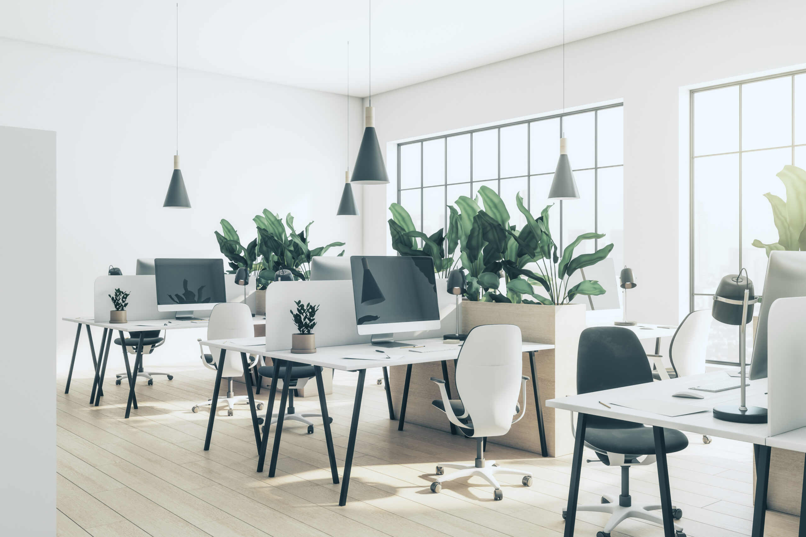 Eco style sunlit open space office with big flowerpots with green plants in the form of partition between cozy work places with modern computers, wooden floor and light walls background.