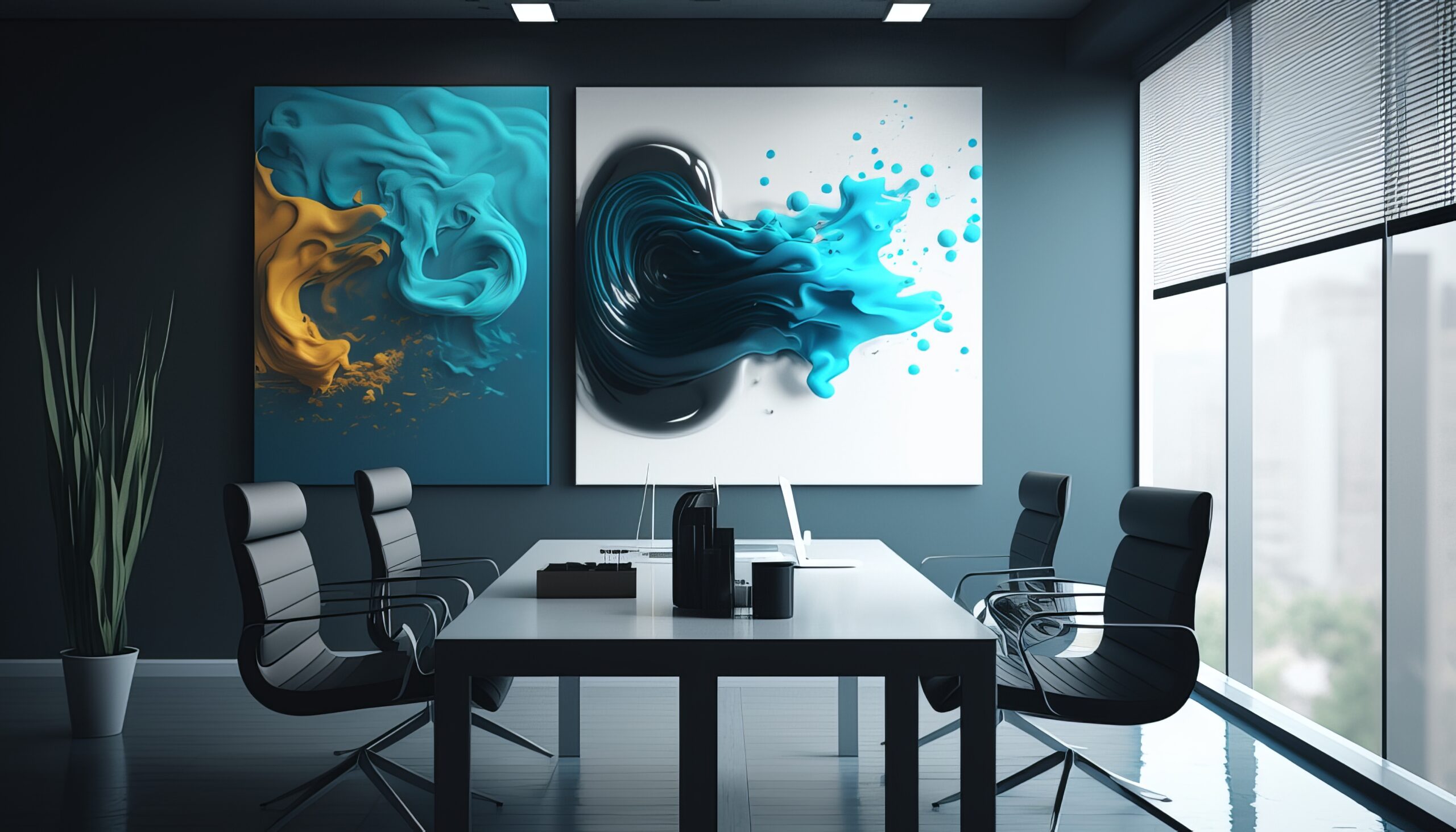 Business office with artwork in the background